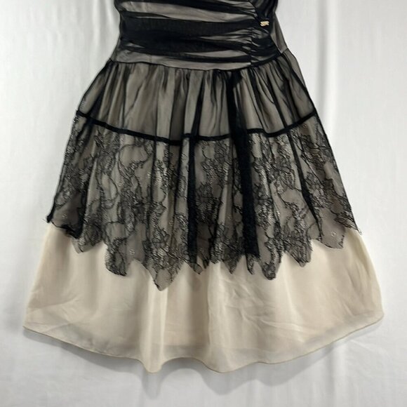 Rina Scimento Italian-Made Beige Mini Dress w/ Black Mesh Overlay - Picture 2 of 11